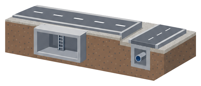 道路の下に埋設された構造物とその下を通る配管を示すイラスト