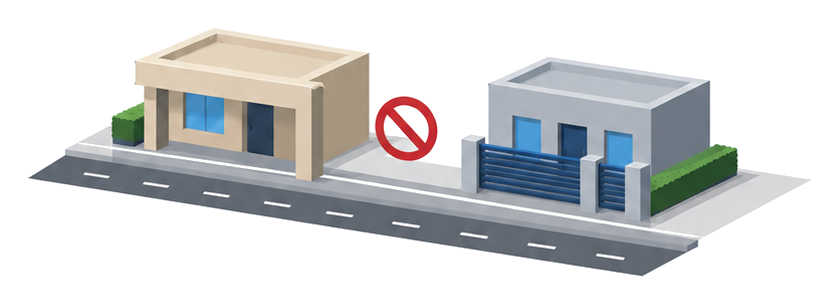 壁面線を越えて建てられない壁と高さ二メートルを超える門や塀を示すイラスト