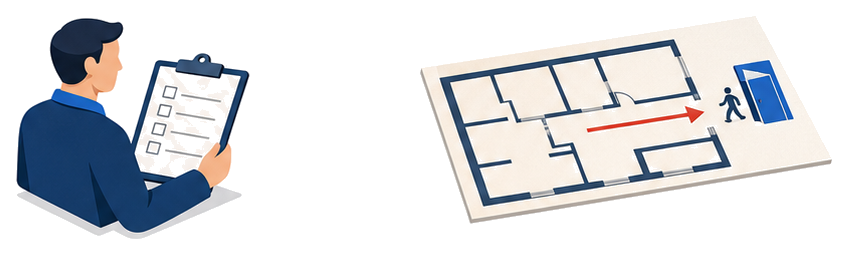 チェックリストを持つ店長と避難経路図