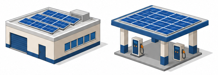 屋根に太陽電池モジュールが乗った工場と、キャノピーに太陽電池モジュールが乗った給油取扱所