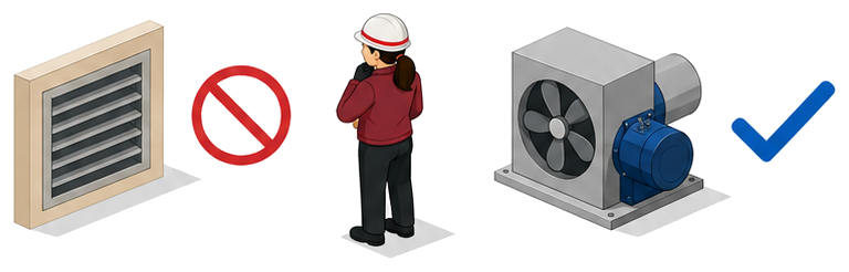 自然換気口と機械排煙機を見比べる女性検査員のイラスト
