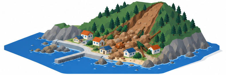 土砂崩れで住宅の裏山が崩れた島の海岸線のイラスト