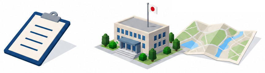 チェックリストと市役所の建物と地図のイラスト