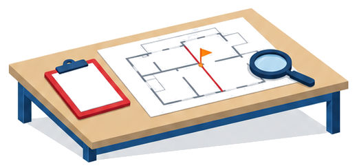 調査結果図に明示された防火区画と防火ダンパーの位置を確認するイラスト