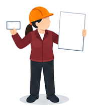 大きな用紙の資格者証と携帯用の交付証明書カードを見比べるイラスト