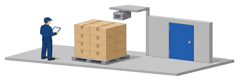 クリップボードを持った人と荷と扉と泡放出口を並べたイラスト