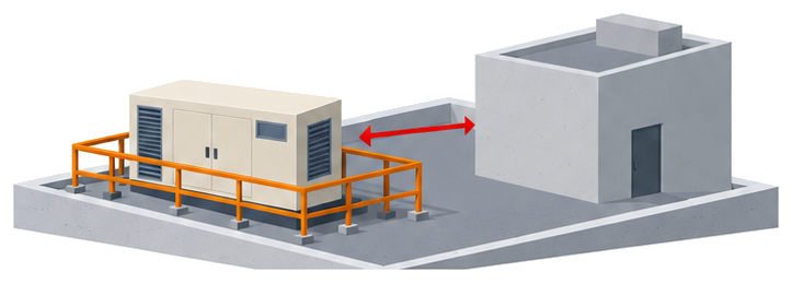 自家発電設備が建物の屋上に設置され隣の建物との距離と防火設備の有無が確認されている様子