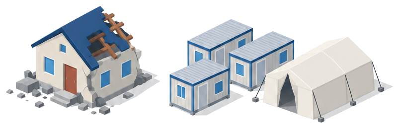 一部が壊れた住宅と、テントを伴うプレハブ仮設住宅群のイラスト