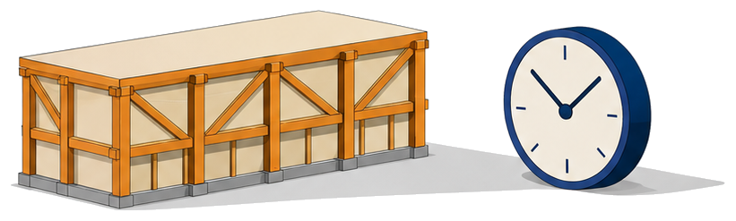 木造の建物の横に大きな時計が置かれている様子