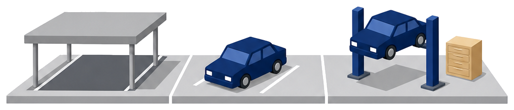 道路の下の空間と駐車スペースの車と整備工場のリフトを並べたイラスト