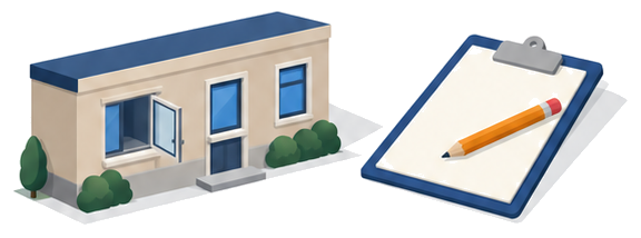 窓が開いた建物と、鉛筆が置かれたクリップボードのイラスト