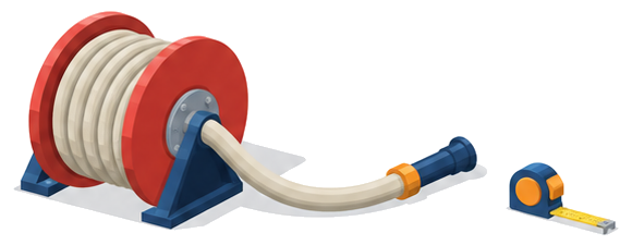 ホースリールから引き出したホースの長さを巻尺で確かめているイラスト