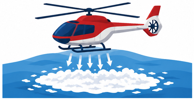 低空を飛ぶヘリコプターの風圧で泡が散るイラスト