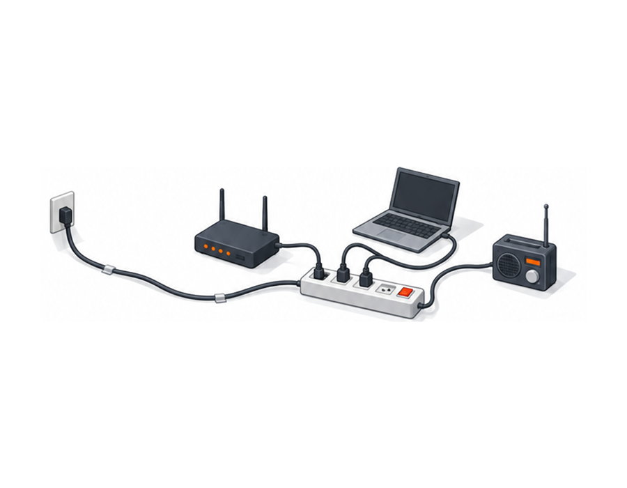 一つのテーブルタップに必要な機器だけを接続してコードを伸ばすアイソメ図