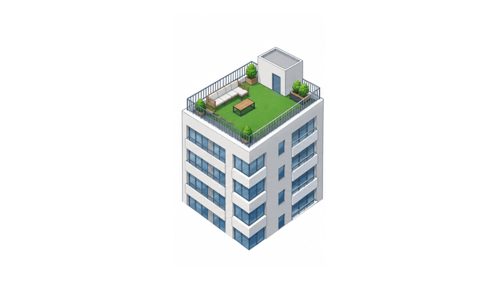 建物の屋上テラスに人工芝が敷かれているイラスト