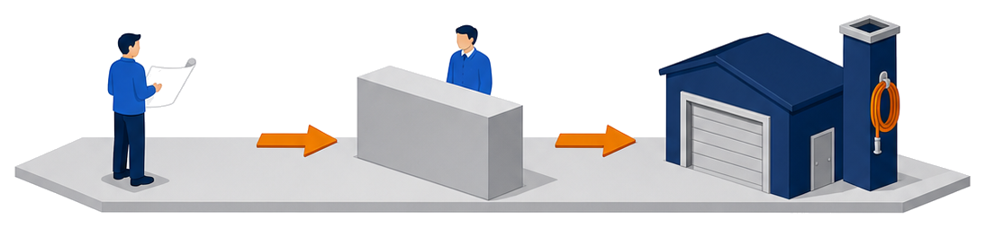 図面を持つ人と窓口の担当者と消防署を並べて同意の流れを示したイラスト