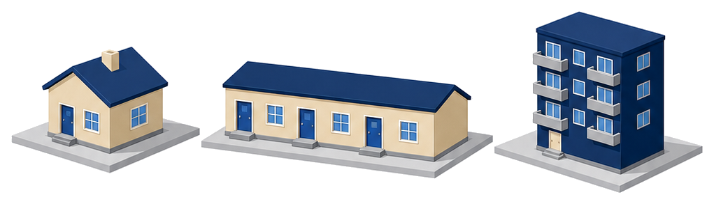 一戸建ての住宅と長屋と共同住宅を並べたイラスト