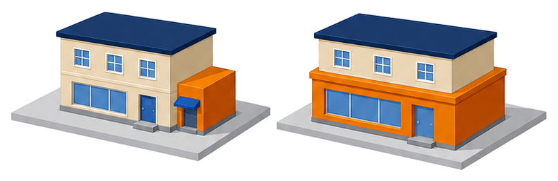 店舗部分が小さい住宅と店舗部分が大きい住宅を並べたイラスト