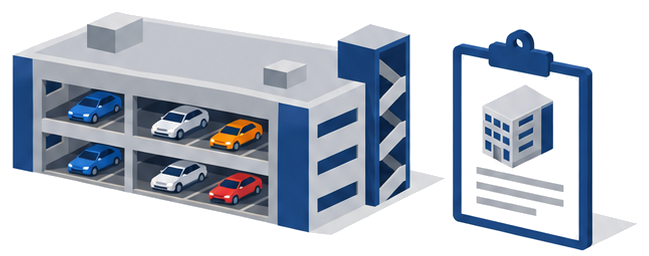 自動車車庫の建物と維持保全計画書類のイラスト