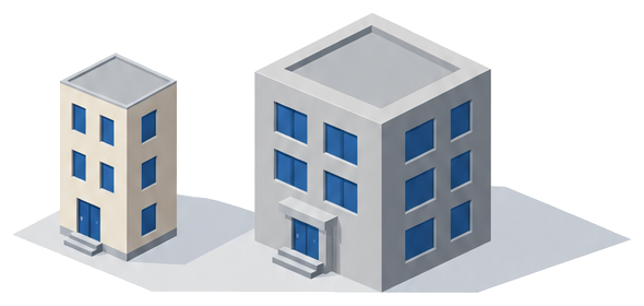 小規模な学校等特殊建築物と大規模な建物を比べるイラスト