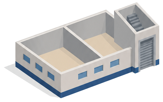 内部が二つの部屋に仕切られた建物とシャッター付きの縦穴部分