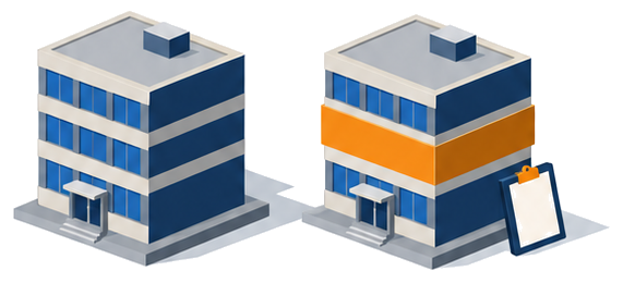 外壁に帯のある建物と通常の建物を並べて対象の違いを示すイラスト