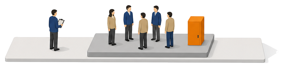 床の上に五人が立ちその右端に避難器具の箱が残ったままで左に点検表を持つ人がいるイラスト