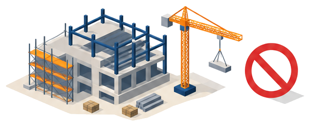 工事中の建物と施工停止を示すイラスト