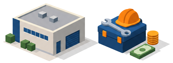 行政代執行で工具と費用を示すイラスト