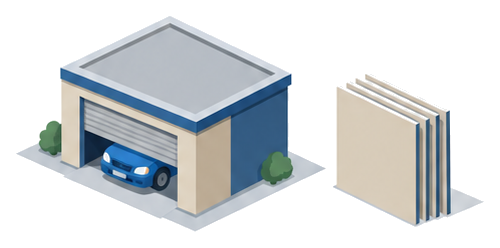 自動車車庫と内装材料を示すイラスト