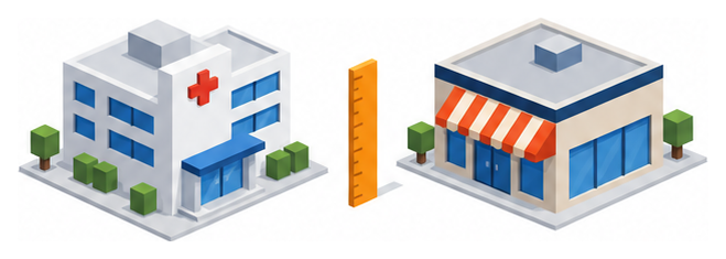 病院の建物と百貨店の建物を並べて階数を比べるイラスト