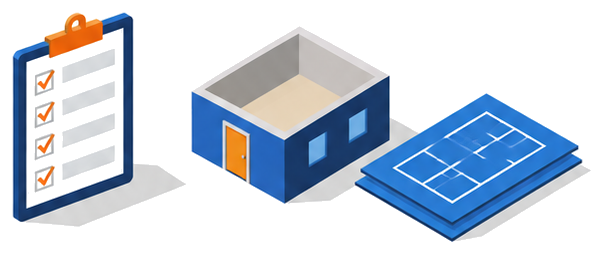 チェックリストを持つクリップボードと建物と図面