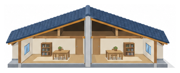 二戸の長屋の断面と屋根裏まで達する中央の界壁