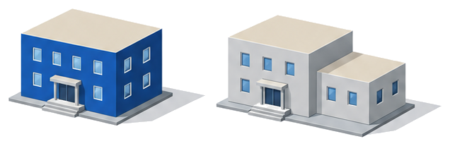 単純な建物と別棟が付いた建物を比較するイラスト