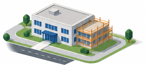 増築中の建物と敷地をめぐる通路のイラスト