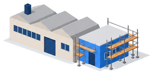 増築される建物と既存部分の防火壁のイラスト