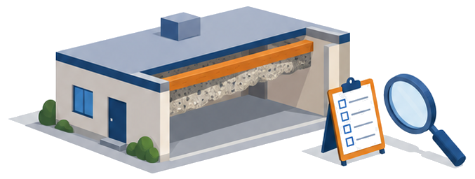 古い建物の壁の中に潜む石綿建材の断面を、クリップボードと虫眼鏡で調べているイラスト