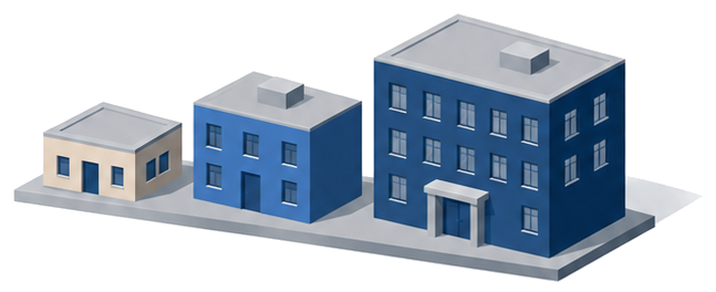 増築の規模の違いを表す大きさの異なる三つの建物ブロックが並んでいるイラスト