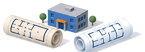 古い巻物の設計図と新しい設計図が並び、その間に建物のブロックが置かれているイラスト