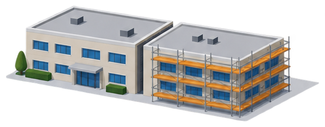 古い建物が二つの棟に分かれ、片方の棟だけに工事用の足場が組まれているイラスト
