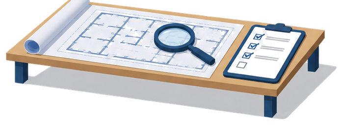 広げた設計図の上にチェックリストと虫眼鏡が置かれているイラスト