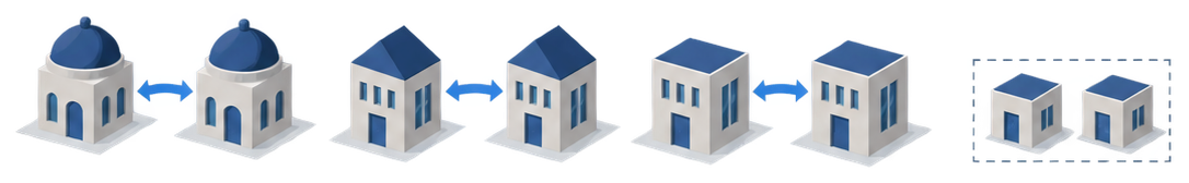 屋根の形が異なる建物のペアが３組と点線で囲まれた小さな建物が並んでいるイラスト