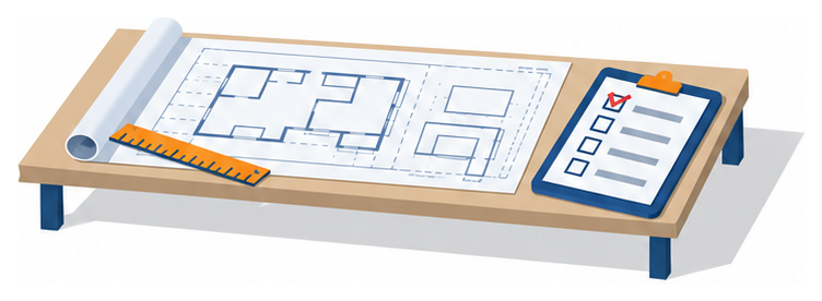 設計図とチェックリストとメジャーが並んでいるイラスト