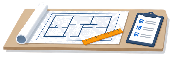 設計図とチェックリストとルーラーのイラスト