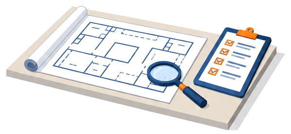 チェックリストと巻尺と虫眼鏡を並べて確認する様子を示すイラスト