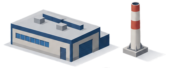低層の建物とその隣に独立して立つ煙突を示すイラスト