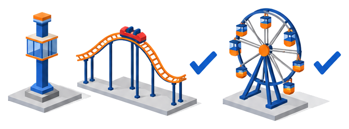 観光用エレベーターとコースターと観覧車を並べて対象の範囲を示すイラスト
