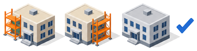 工事を段階的に進め最後に全体が完成する三つの建物のイラスト