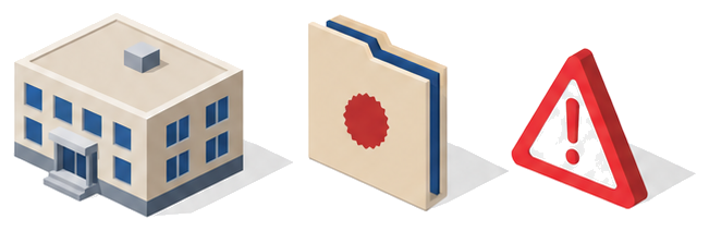 認定書類と警告標識のイラスト
