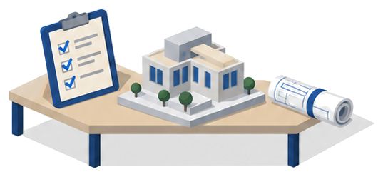 確認項目のチェックリストと建物模型のイラスト